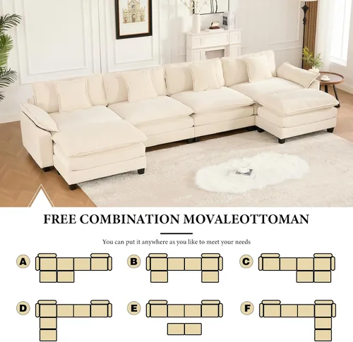 Vista 126 de Sofá seccional modular beige de 117.3", sofás seccionales grandes de 3 plazas para sala de estar, sofá nube oversized de tela chenille con otomana