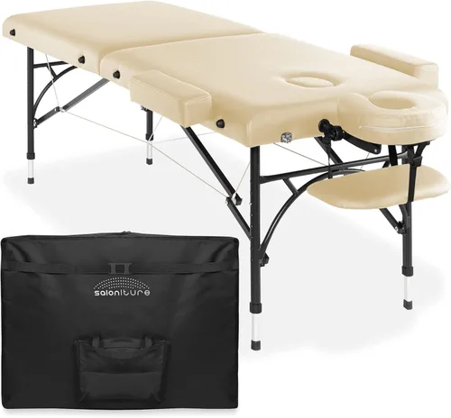 Vista 10 de Saloniture Mesa de masaje profesional portátil y ligera con patas de aluminio, incluye reposacabezas, soporte facial, reposabrazos y funda
