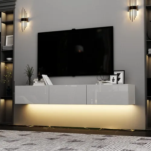 Vista 8 de Homsee Soporte de TV LED flotante para televisores de hasta 70 pulgadas, consola multimedia de madera montada en la pared con superficie brillante