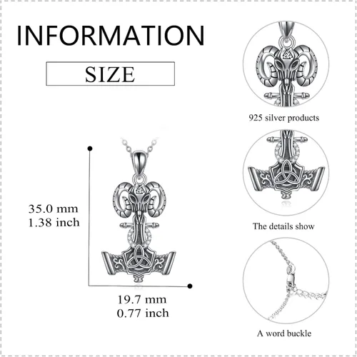 Vista 5 de JOERPH Collar vikingo con martillo Thor para hombre, plata de ley 925, amuleto de Mjolnir, talismán, cabeza de cabra, nudo celta, collar