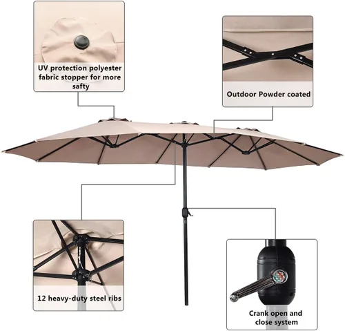 Vista 8 de Tangkula Sombrilla de patio de 15 pies de doble cara para mesa de mercado al aire libre con manivela (beige)