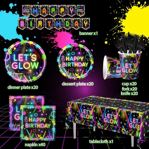 Vista 2 de Suministros para Fiestas de Neón, 142 Piezas Let Glow Decoraciones de Fiesta Incluyendo Platos de Papel Desechables, Tazas, Manteles, Decoración