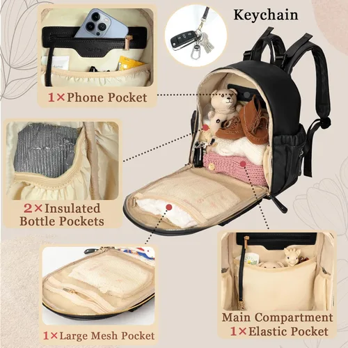 Vista 3 de Miss Fong - Mochila pequeña para pañales, mini mochila para pañales con 11 bolsillos, mochila mini para pañales de bebé con soporte para Negro
