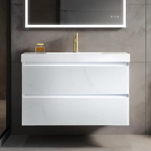 Vista 12 de Blossom Tocador de baño LED de 24 pulgadas – Tocador flotante montado en la pared con luces – 100% impermeable PVC de grado marino – Moderno
