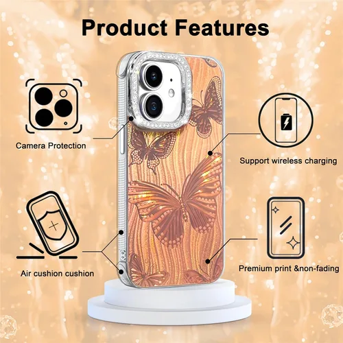 Vista 5 de I-MGAE-IN-AR Funda compacta para iPhone 11, diseño de mariposa, marco de protección de lente de cámara con diamante 3D, bonitas fundas protectoras
