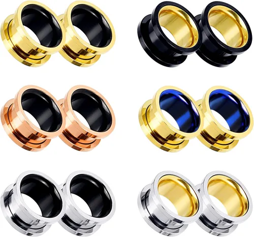 Vista 2 de Stuppendux 4 pares6 pares de dilatadores de oreja de acero inoxidable con doble acampanado para dilatadores de oreja, aretes expansores de carne