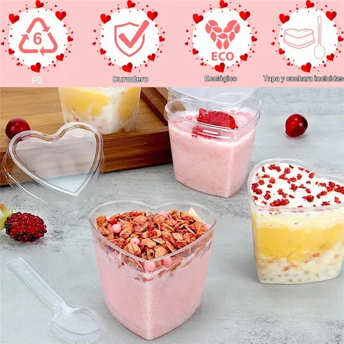 Vista 3 de 50 tazas de postre de plástico transparente en forma de corazón de 5 onzas con tapas y cucharas