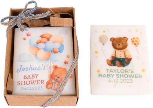 Vista 24 de Paquete de 10 decoraciones para baby shower de Happy Times Favors, regalos para baby shower, jabón mini vegano personalizado hecho a mano con aroma