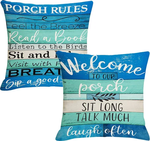 Vista 6 de Fundas de almohada para porche con reglas de porche impermeables, bienvenida a nuestro porche, fundas de almohada para patio, para sofá, banco Marrón