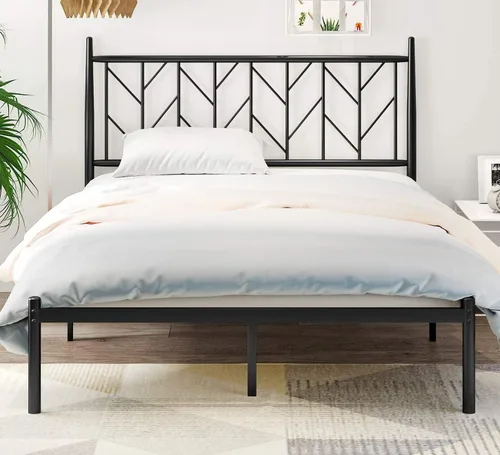 Vista 3 de SHA CERLIN Base de cama de metal con cabecera vintage, plataforma resistente con postes redondos, 12 pulgadas debajo de la cama para almacenamiento