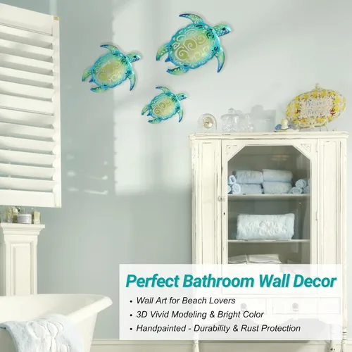 Vista 3 de YOUIN Juego de 3 decoraciones de pared de metal con temática de tortuga marina y playa, decoración de pared para interiores y exteriores, baño