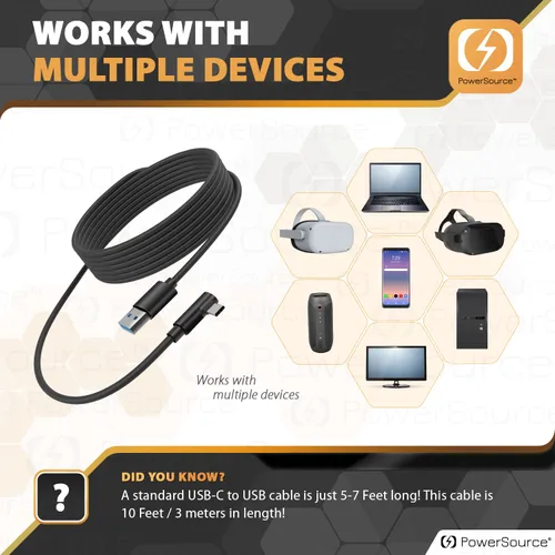 Vista 5 de PowerSource Cable Oculus Quest 1 y 2 Link de 10 pies de largo para transferencia y carga de datos de alta velocidad, USB 3.2 Gen 1 para portátiles