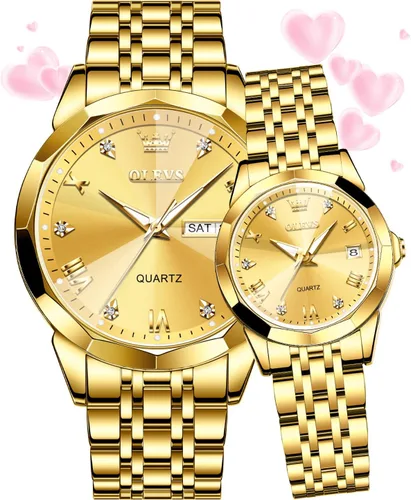 Vista 46 de OLEVS Reloj para parejas para él y ella, reloj analógico de cuarzo para hombres y mujeres, de acero inoxidable, impermeable, luminoso, fecha, reloj