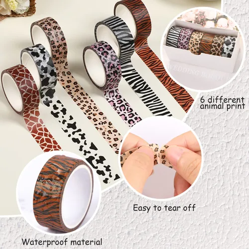 Vista 4 de DREMISI 6 rollos de calcomanías de cinta washi con estampado de animales, guepardo, vacas, cebra, jirafa, leopardo, cinta adhesiva decorativa