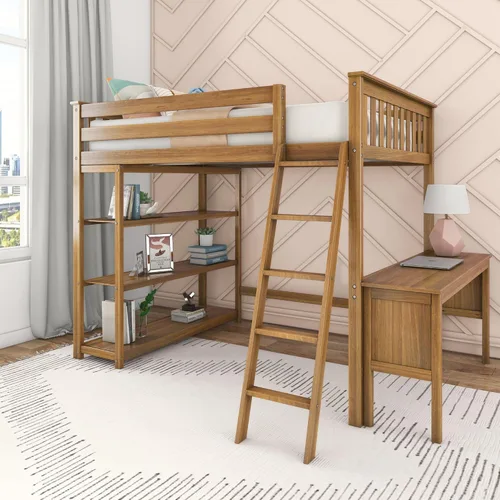 Vista 8 de Max & Lily Cama alta de tamaño matrimonial con estantería, arcilla, madera maciza, marco de cama moderno para niños/adolescentes, pino, acabado