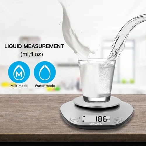 Vista 5 de BAGAIL - Báscula digital de cocina con cuenco de acero inoxidable, 11 lb/5kg 7 Weight Units, Large Clear Display, Gram Scale, For Baking &