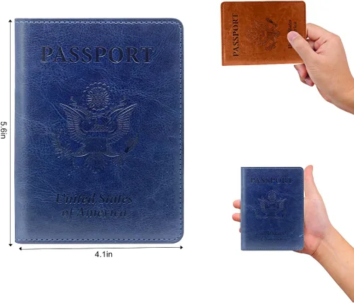 Vista 5 de Combo de soporte para pasaporte, pasaporte y tarjetero de vacunación, marrón + azul oscuro