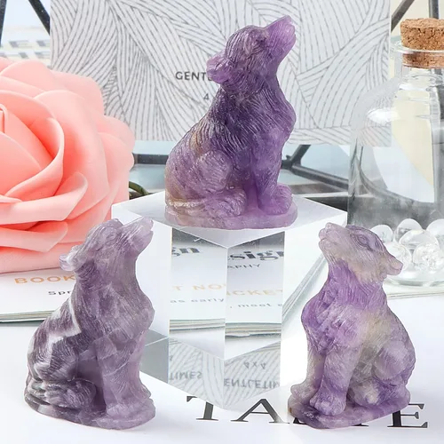 Vista 3 de Estatua de lobo de cristal de amatista de 2 pulgadas, estatua de lobo tallado, escultura de lobo tallado, decoración de regalos