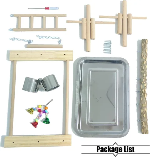 Vista 2 de PINVNBY Parque infantil para pájaros, soporte de madera para ejercicio, perca, gimnasio, escalera, con comedero, columpio, juguetes para periquitos