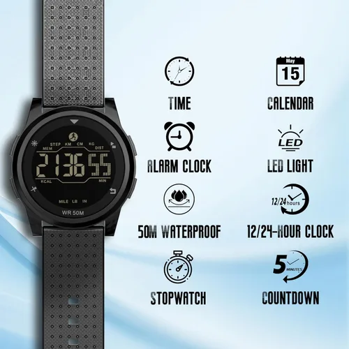 Vista 2 de CakCity Reloj deportivo digital ultrafino para hombre con esfera de aleación negra, impermeable, hora militar, alarma, podómetro y correa