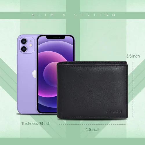 Vista 4 de Cartera para bolsillo frontal, bloqueo RFID, de piel, plegable, con ventana de identificación, para hombre