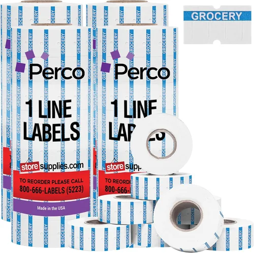 Vista 22 de Perco 1 línea de impresión inversa morada en etiquetas blancas de panadería, 8,000 etiquetas para pistolas Perco Lite, X, Plus y Pro, con diseño a
