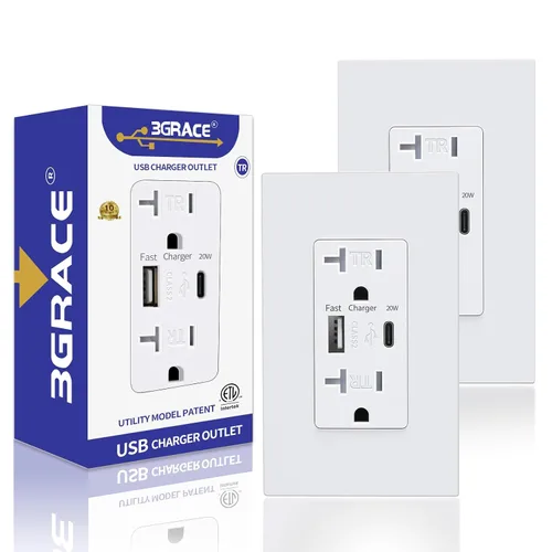 Vista 8 de 3GRACE Toma de corriente USB de pared, receptáculos de tomas de cargador con puertos USB C de 4.2 A, enchufe dúplex de 20 amperios resistente a