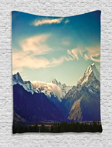 Vista 17 de Ambesonne Tapiz de paisaje, lago y pico glaciar nevado en Estados Unidos, ilustración de bosque de pinos altos, colgante de pared para dormitorio