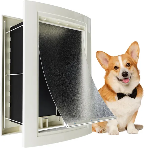 Vista 10 de mestyl Puerta para perro para pared, puerta de mascotas, puerta para perro con túnel ajustable, doble solapas magnéticas y paneles de bloqueo