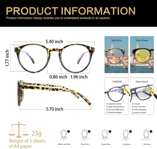 Vista 3 de K KENZHOU Blue Light Blocking Glasses Women Round Rim Frame Eyeglasses