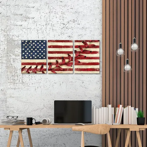 Vista 3 de Artsbay Arte de pared con bandera estadounidense roja, lienzo con costuras de béisbol, cuadros modernos, retro, deportes, obras de arte