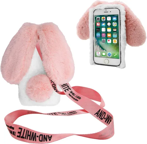 Vista 12 de 3D Bunny Ears Plush Case for iPod Touch 5/6 / 7 with Crossbody Strap, Winter Warm Handmade Bling Diamond Soft Rabbit Fluffy Furry Fur Shockproof