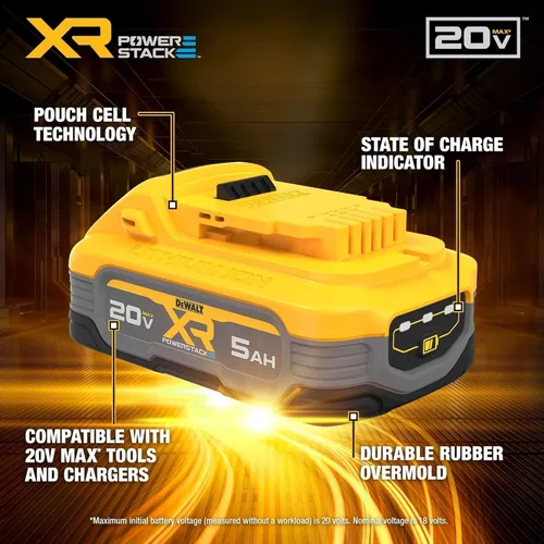 Vista 2 de DEWALT Batería 20V MAX, POWERSTACK, Más Potencia Más Compacta, Batería Recargable de Iones de Litio 5Ah (DCBP520)