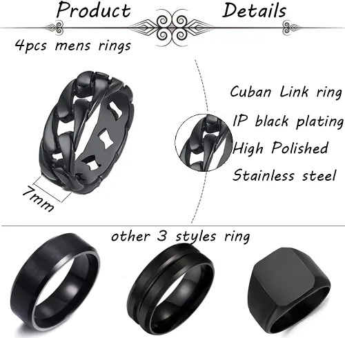 Vista 2 de MOZAKA Juego de 4 anillos de acero inoxidable con sello negro sólido para hombre, pulido mate con bordes ranurados cubanos, tamaño 7-12