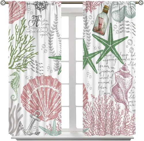 Vista 35 de Cortinas de decoración de playa con océano azul, peces náuticos costeros playeros de verano, conchas marinas, temática infantil, dormitorio, sala