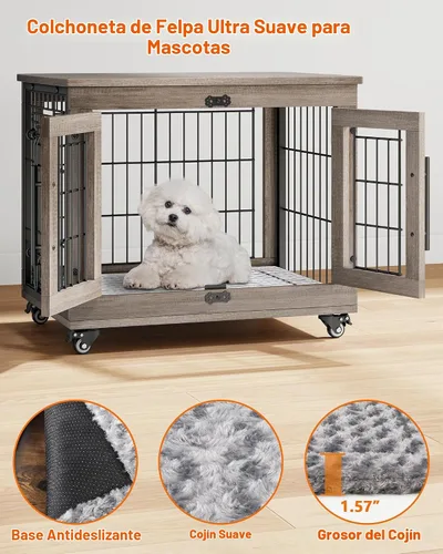 Vista 5 de YaFiti Mueble de jaula para perros con cojín, perrera de madera para interiores con puertas dobles, jaula para perros con ruedas, mesa auxiliar