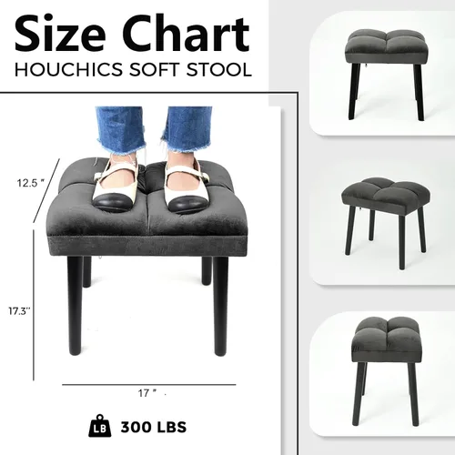 Vista 2 de Taburete de tocador gris, taburete cuadrado de maquillaje con patas de madera, silla otomana pequeña para tocador, asiento acolchado moderno