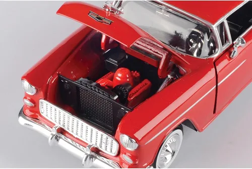 Vista 7 de 1955 Chevy Bel Air, rojo, escala 1/24 fundido a troquel modelo Toy Car Motormax 73229