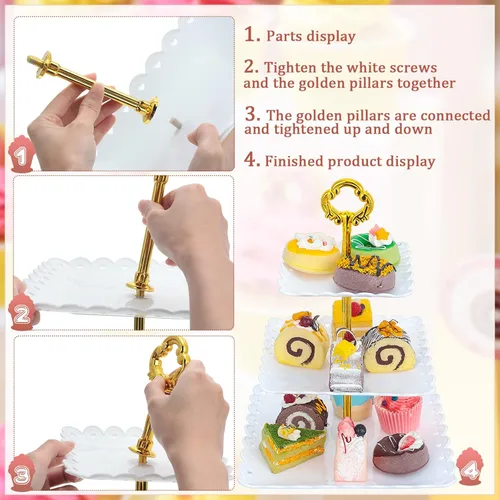 Vista 4 de 6 juegos de 3 niveles de soporte para cupcakes de fiesta de té, platos de postre de plástico blanco para cupcakes, bandejas cuadradas para tartas