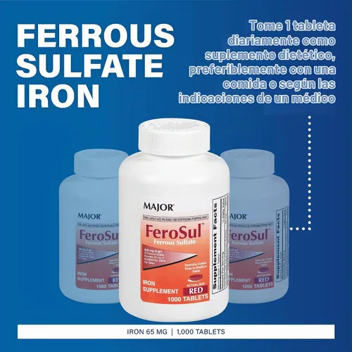 Vista 3 de Major Ferosul - Tabletas de sulfato ferroso de 325 mg con 65 mg de hierro elemental, suplemento de hierro para mujeres, hombres, rojo, 100