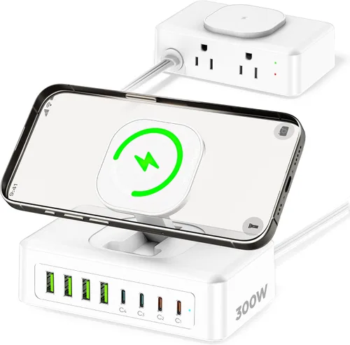 Vista 10 de Estación de carga USB de 200 W, regleta de alimentación USB C 11 en 1, 2 salidas AC y 8 puertos USB, cable de extensión de enchufe plano de 5 pies