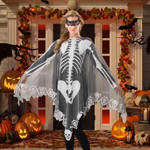 Vista 5 de KOFECIT Poncho de esqueleto de Halloween para mujer, chal de esqueleto de encaje, disfraz de Halloween con máscara