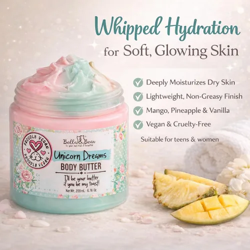Vista 3 de Manteca Corporal Bella & Bear Sueños de Unicornio - Cuidado de la Piel Vegano, Libre de Crueldad, Crema de Mantequilla Nutritiva - Cuidado