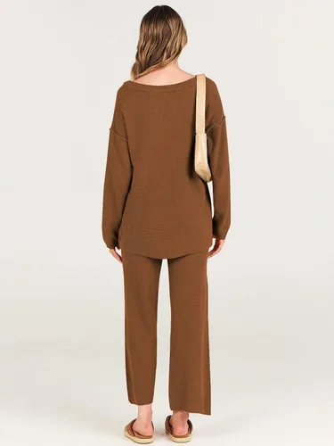 Vista 6 de ANRABESS Conjunto de 2 piezas para mujer, conjunto de suéter holgado holgado de punto de gran tamaño, conjunto de ropa de descanso a juego de moda