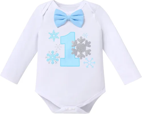 Vista 21 de IBTOM CASTLE Traje de invierno para bebé niño con copos de nieve para primer cumpleaños, mameluco con estampado de pastel y pantalones largos