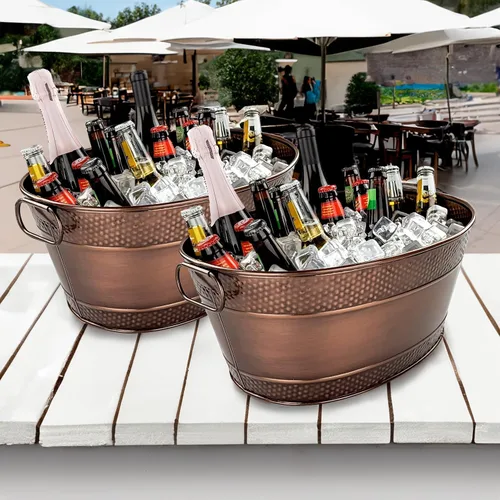 Vista 6 de BREKX Colt - Recipientes para bebidas con acabado de cobre para fiestas, cubetas ovaladas martilladas para 16 botellas para fiestas, cubos de hielo