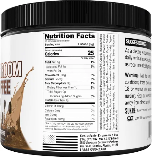 Vista 4 de Evlution Nutrition - Café de hongos – Apoyo energético, nervioso y del sistema inmunológico – 100% orgánico Reishi, shiitake, melena de león y polvo
