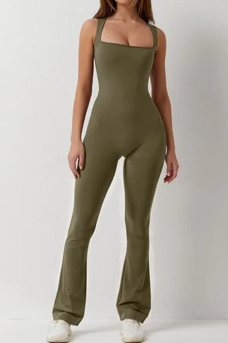 Vista 4 de QINSEN Mono negro para mujer, sin mangas, sexy, cuello de suqare, elástico, con leggings, mameluco, unitardo