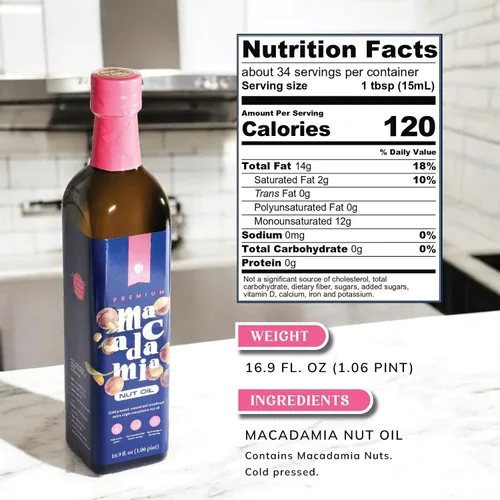 Vista 2 de Gourmanity aceite de nuez de macadamia, prensado en frío de fuentes sudafricanas premium, ofrece un rico sabor a mantequilla y es perfecto