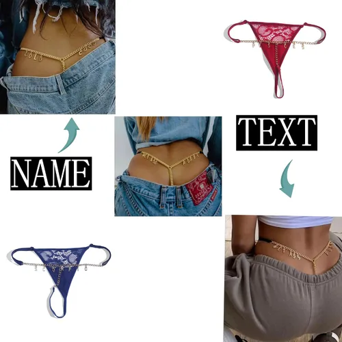 Vista 4 de Artsadd Tanga de cadena de cintura de encaje sexy personalizada para mujer, joyería con nombre personalizado, tanga de cadena plateada, regalo